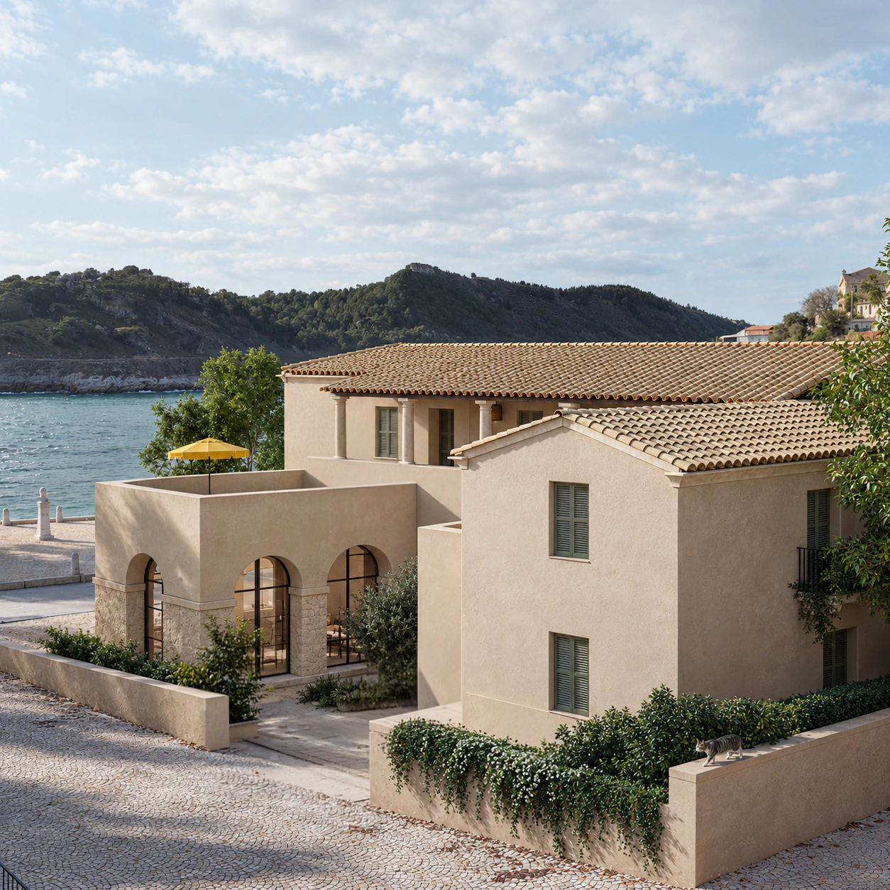 The courtyard and waterfront · Architectural visualisation.