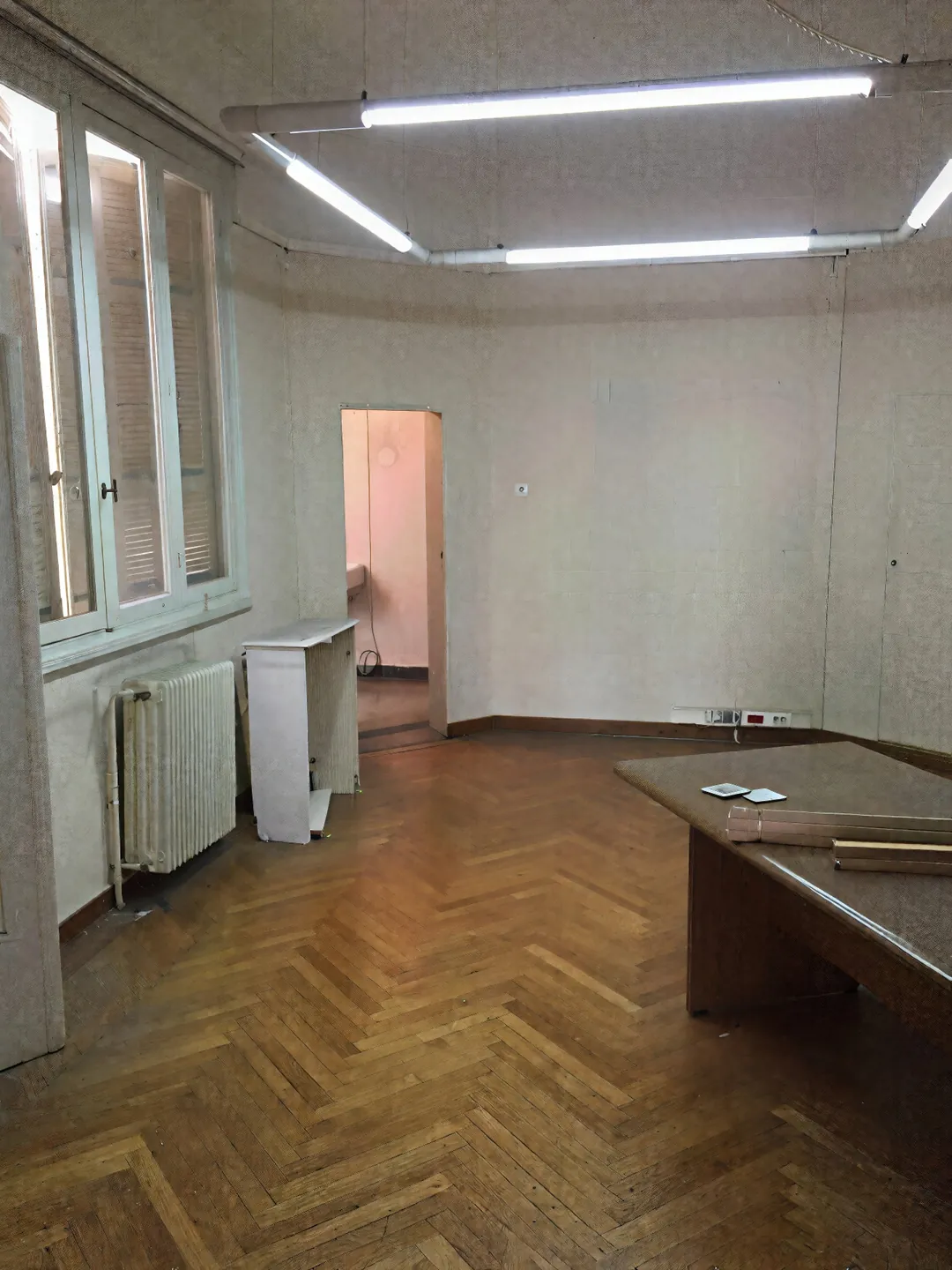 Bombyx — Front room with fluorescent lighting before renovation