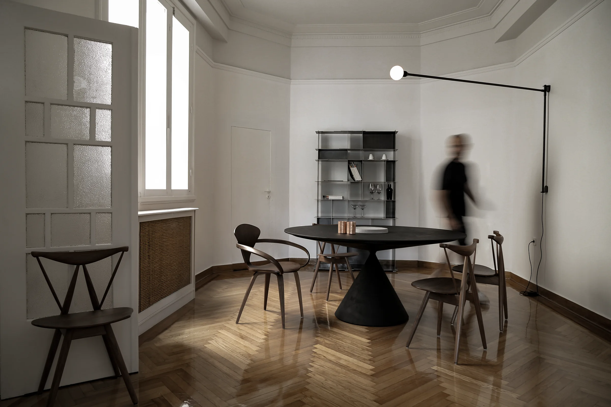Bombyx — Dining table, chairs and shelving in the restored front room